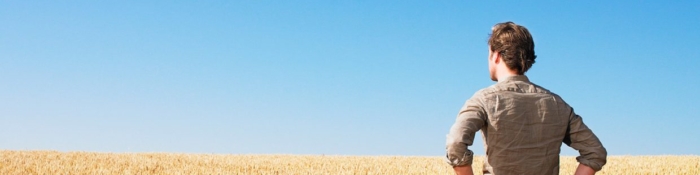Ukraine: Mann steht mit dem Rücken zum Betrachter in einem Weizenfeld und schaut in die Ferne. Zu sehen ist blauer Himmel