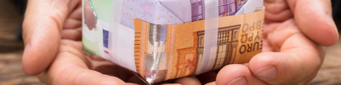 Zwei Hände halten ein rechteckiges Päckchen in der Hand, das in Geschenkpapier aus Geldscheinen eingewickelt ist.