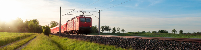 Roter Zug, der durch Wiesenlandschaft fährt.