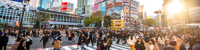 Viele Menschen gehen über eine Kreuzung in einer japanischen Großstadt.