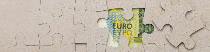 Business Performance & Resilienz: Graue Puzzlestücke, von denen eines herausgenommen ist - dahinter erscheint ein Stück einer Euro-Banknote.