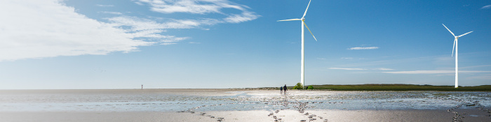 ESG: Windräder stehen im Wattenmeer, im Vordergrund Sandstrand bei Ebbe
