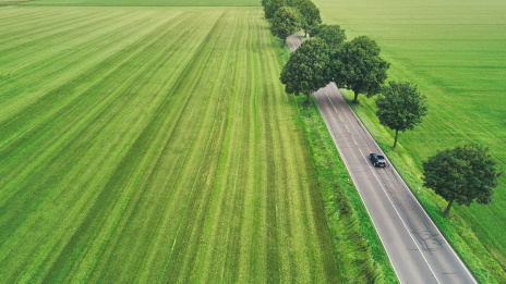 Eine Luftaufnahme zeigt ein Elektroauto auf einer Straße fahrend. Die Straße wird von einzelnen Bäumen gesäumt; ringsherum ist hellgrüne Landschaft zu sehen.