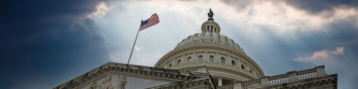 Kamala Harris gegen Donald Trump, US-Präsidentschaftswahl: Das Kapitol in Washington ist zu sehen, im Vordergrund die Flagge der USA, im Hintergrund dunkle Wolken.