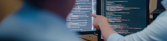 Zwei Computermonitore mit Schrift im Hintergrund, eine Person, von der nur ein Arm zu sehen ist, zeigt mit dem Finger auf einen Monitor, außerdem im Vordergrund noch eine weitere unscharfe Person von hinten (Ausschnitt) 