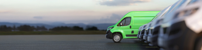 Ein leuchtend grüner Lieferwagen steht in einer Reihe weißer Transporter auf einem Parkplatz, im Hintergrund unscharfe Landschaft mit Hügeln und Himmel.