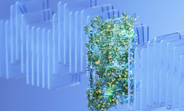 Abstrakte 3D-Darstellung: Zwischen transparenten, bläulichen Platten wächst ein dichter Bereich aus grünen Pflanzen mit gelben Blüten. Die Szene ist in kühles, blaues Licht getaucht und verbindet Technologie mit Natur.