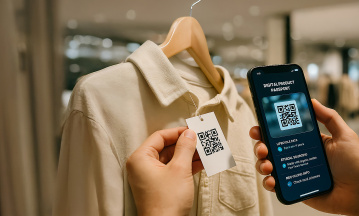 Hemd mit Etikett und einem QR-Code, der mit einem Smartphone gescannt wird.