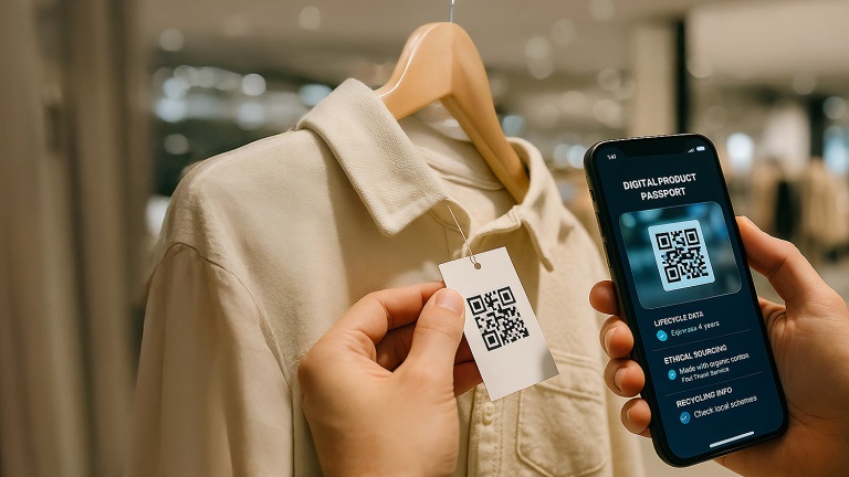 Hemd mit Etikett und einem QR-Code, der mit einem Smartphone gescannt wird.