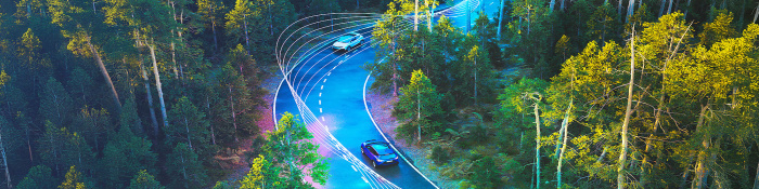 Autos von oben fotografiert fahren durch einen Wald. Zu sehen sind außerdem dynamische Fahrlinien.