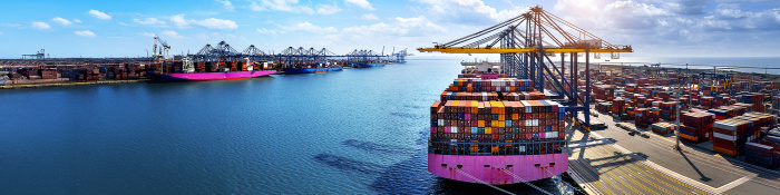 Großes Containerschiff beim Be- und Entladen im modernen Seehafen – Symbol für globalen Warenverkehr und Lieferketten.