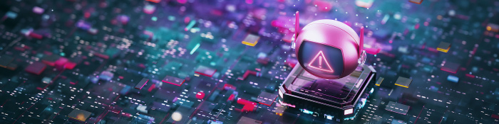 Roboter, der über ein Datenfeld fährt und ein Ausrufezeichen auf dem Disyplay anzeigt.