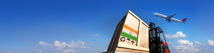 International Business und Welthandel: Ein Frachtflugzeug hebt vom Flughafen ab, im Vordergrund sieht man Container und einen Gabelstapler - Freihandelsabkommen EU/Indien