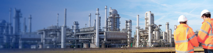 Zwei Fachkräfte in Schutzkleidung stehen vor einer großflächigen Chemieanlage mit Rohrleitungen, Türmen und Industrieanlagen unter blauem Himmel.