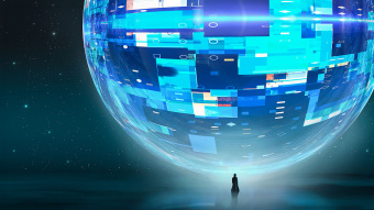 Große digitale blaue Weltkugel vor der ein kleiner Mensch steht.