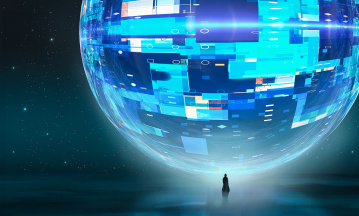 Große digitale blaue Weltkugel vor der ein kleiner Mensch steht.