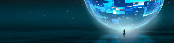 Große digitale blaue Weltkugel vor der ein kleiner Mensch steht.
