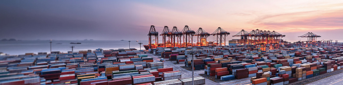 Hafenkräne in einem großen Hafen, dahinter Meer und Containerschiffe. Fokus "Restoring America's Maritime Dominance".