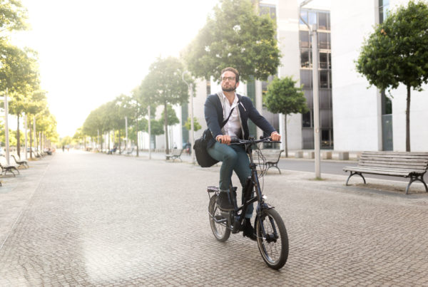 Mann fährt  mit Fahrrad durch Allee