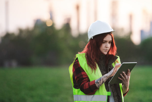 Frau arbeitet am Tablet, Banken müssen ein Haus mit unfertigen Plänen bauen