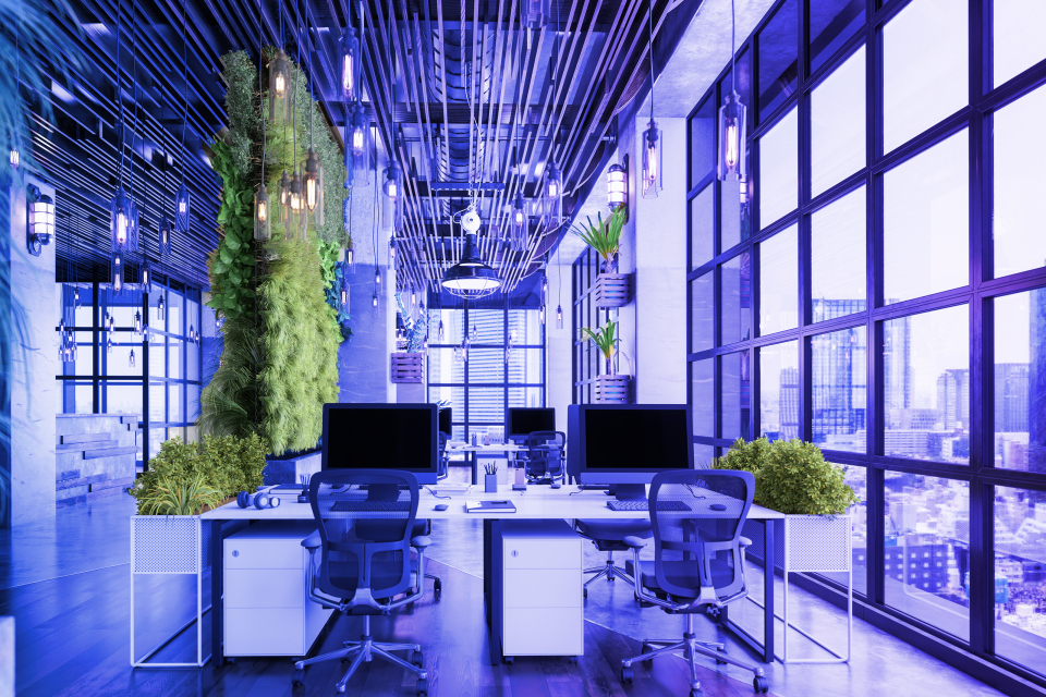Open-Space Büro mit grünen Pflanzen, So stellen Versicherer auf nachhaltigen Betrieb um