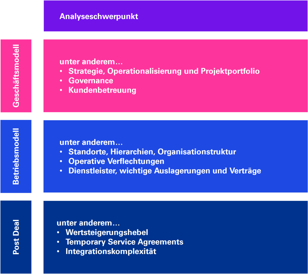 Die Grafik zeigt die verschiedenen Analyseschwerpunkte je nach Projektfokus im Rahmen einer integrierten Due Diligence 